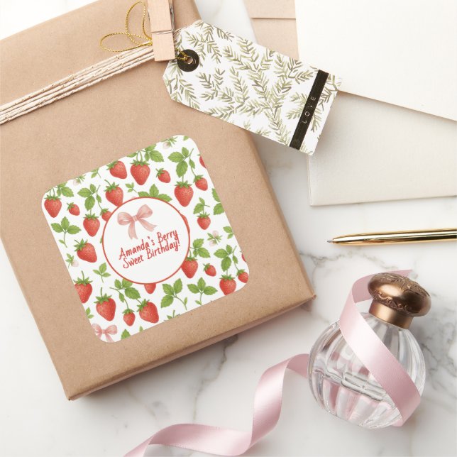Adesivo Quadrado Festa de aniversário doce de morango - Vinheta qua (Presentear)