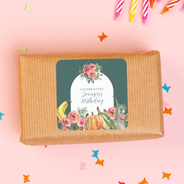 Adesivo Quadrado Festa de aniversário Floral Rosa das Abóboras Verd (Criador carregado)