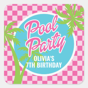Adesivo Quadrado Festa de Aniversário Pink Malibu Pool Party
