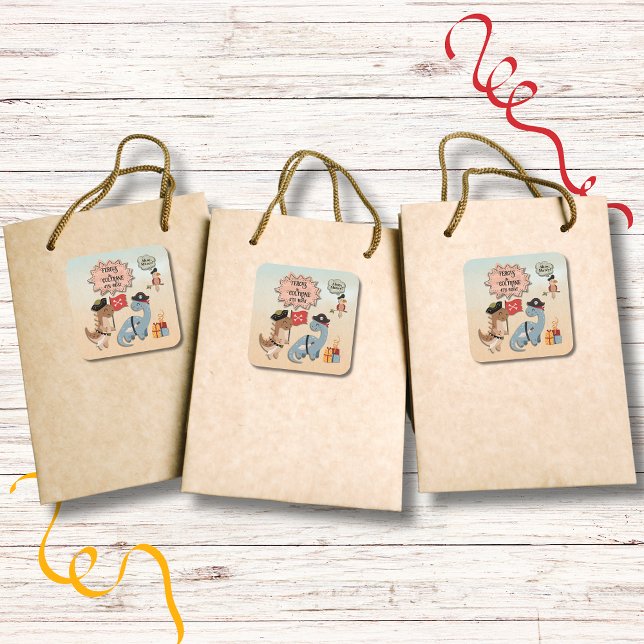 Adesivo Quadrado Festa de aniversário Pirata De Dinossauro, Twin Bo (Dinosaur Pirate twins birthday party stickers to use on their gift bags or other items at the party.)