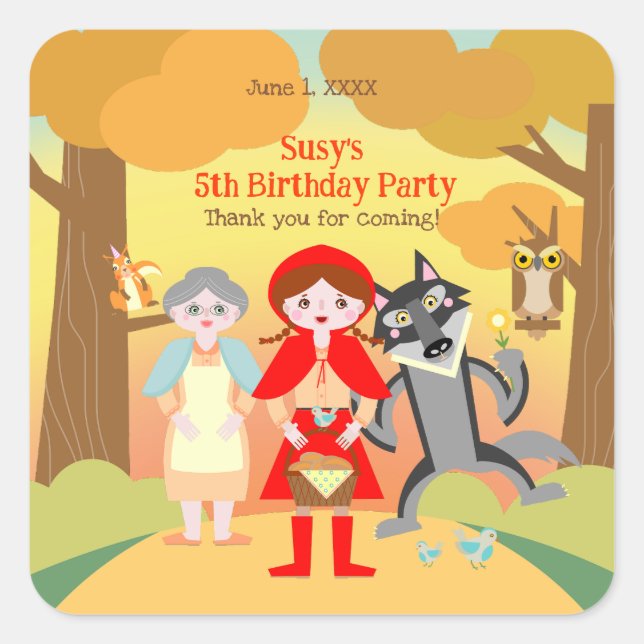 Adesivo Quadrado Festa de aniversário Red Riding Hood Girl (Frente)