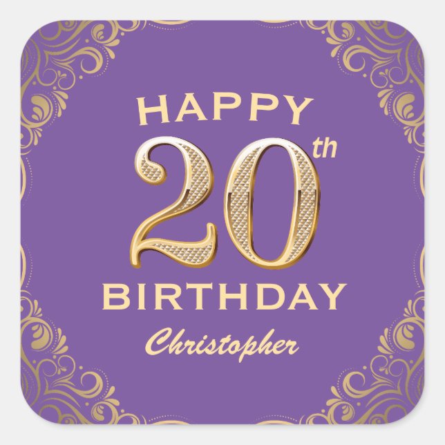 Adesivo Quadrado Festa de aniversário Roxo e quadro Glitter Dourado (Frente)