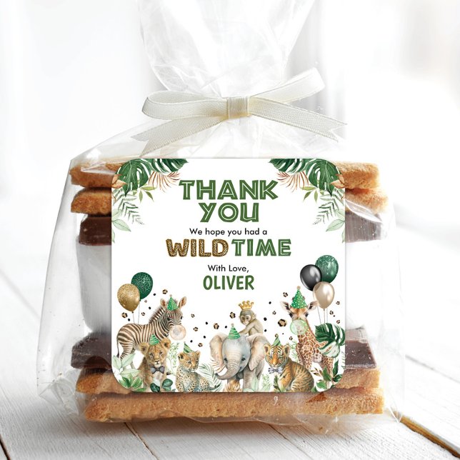 Adesivo Quadrado Festa de aniversário Selvagem de Animais de Festa  (Criador carregado)