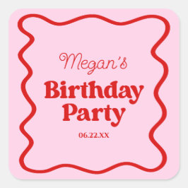 Adesivo Quadrado Festa de aniversário Vermelha Cor-de-rosa