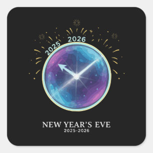 Adesivo Quadrado Festa de Ano Novo 2026 Relógio Celestial Vibrante