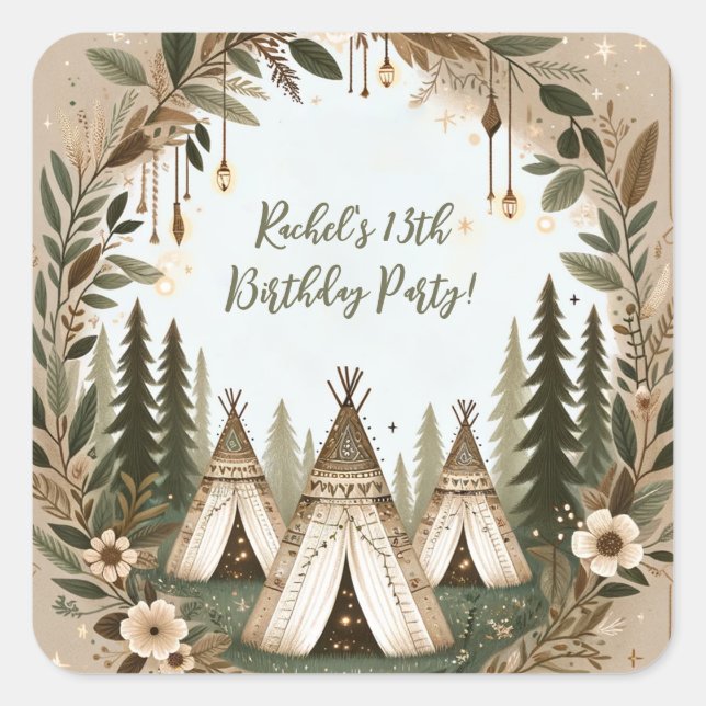 Adesivo Quadrado Festa de Boho Forest Teepee Sleepover Encantada (Frente)