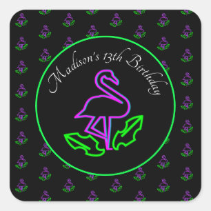Adesivo Quadrado Festa de Brilho Flamingo Neon Favor Rosa Tropical