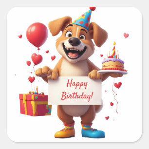 Adesivo Quadrado Festa de Cachorrinho Fofo Com Caixa de Presente 🐾