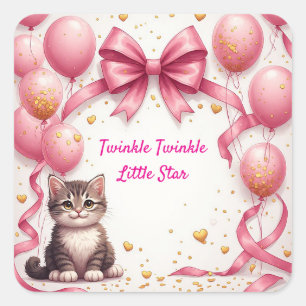 Adesivo Quadrado Festa de Chá de Bebê do Doce Gatinho 🎀