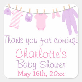 Adesivo Quadrado Festa de Chá de fraldas rosa e roxo de roupas pequ