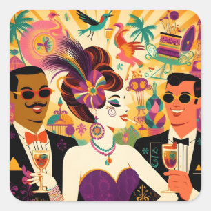 Adesivo Quadrado Festa de Cocktail Mardi Gras Meados do Século