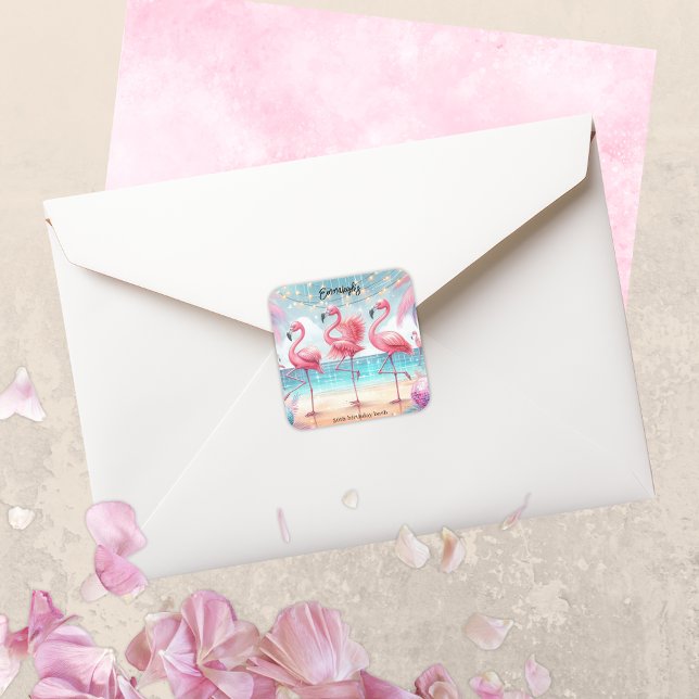 Adesivo Quadrado Festa de Comemoração de Flamingo Dança e Aniversár (Criador carregado)