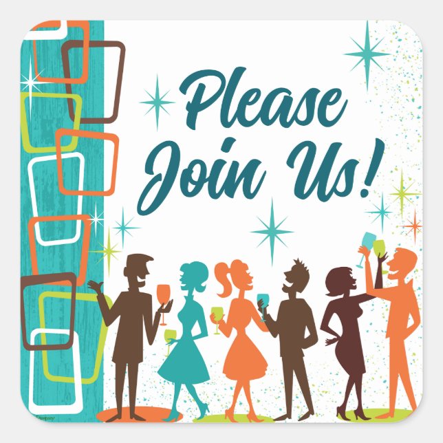 Adesivo Quadrado Festa de Compromisso de Drinks Mid-Century Modern (Frente)