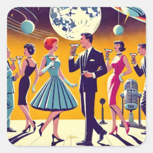 Adesivo Quadrado Festa de Coquetel da Era Espacial dos Anos 60 no E