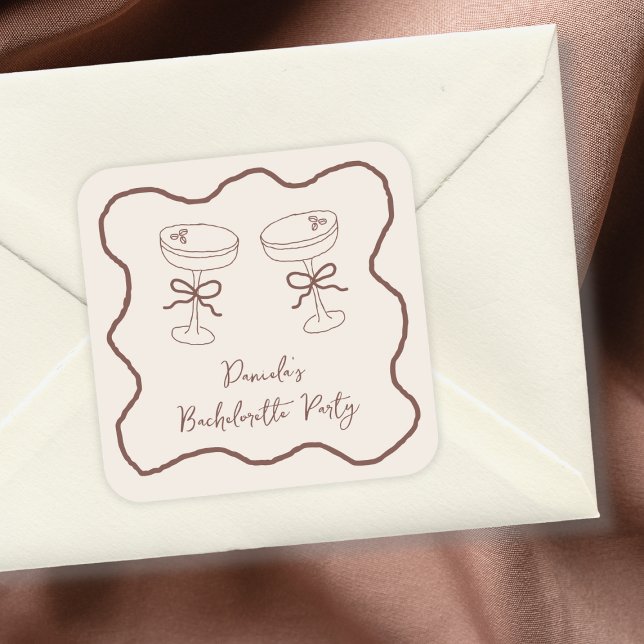 Adesivo Quadrado Festa de Despedida de Solteira com Ilustrações de  (Espresso Martini Hand Drawn Bachelorette Party Square Sticker)