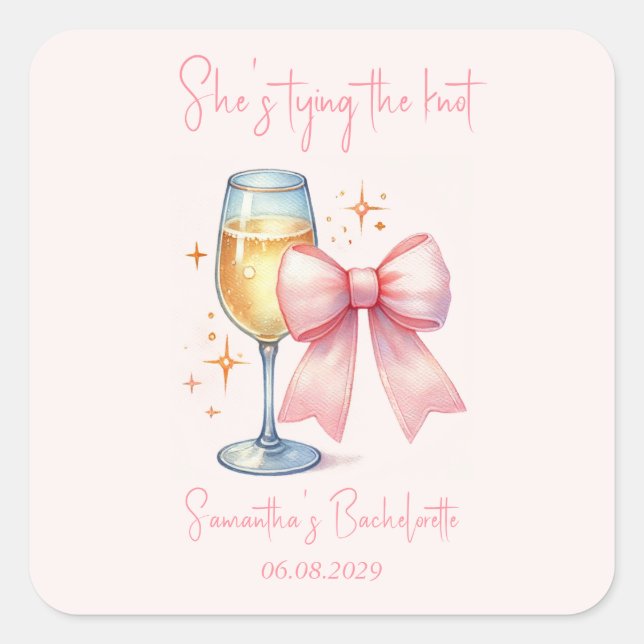 Adesivo Quadrado Festa de Despedida de Solteira Laço Rosa Coquette  (Frente)