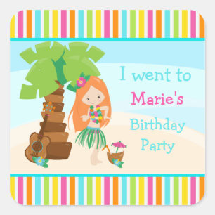 Adesivo Quadrado Festa de Garota Vermelha de Aloha Cute