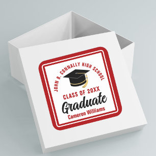 Adesivo Quadrado Festa de Graduação Personalizada Vermelha para Gra