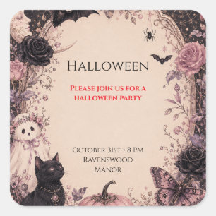 Adesivo Quadrado Festa de Halloween Botânica Escura Elegante