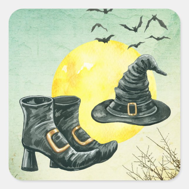 Adesivo Quadrado Festa De Halloween Bruxas De Chapéu E Calçados (Frente)
