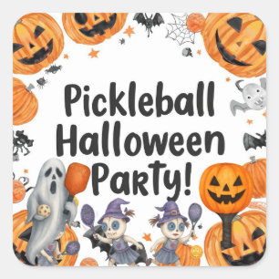 Adesivo Quadrado Festa de Halloween de Pickleball com pá e bola