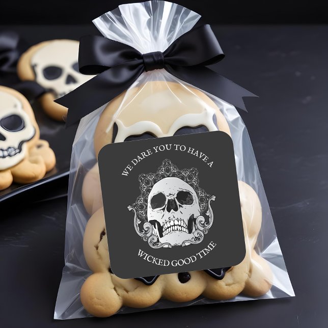 Adesivo Quadrado Festa de Halloween do Caveira Gótica (Gothic Skull Halloween Party 3" Square Stickers)