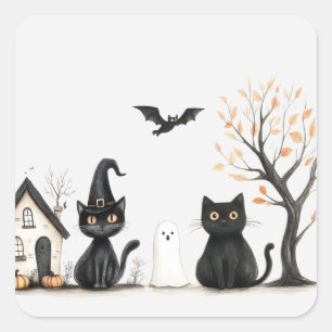 Adesivo Quadrado Festa de Halloween dos Gatos Pretos Fofos