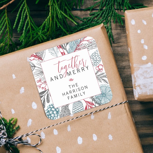 Adesivo Quadrado Festa de inverno verde festiva (Festive Winter Greenery Holiday Square Sticker)
