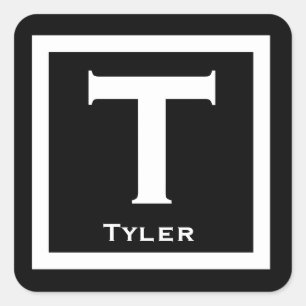 Adesivo Quadrado Festa de Menino Negro, Nome Inicial, de Volta à Es