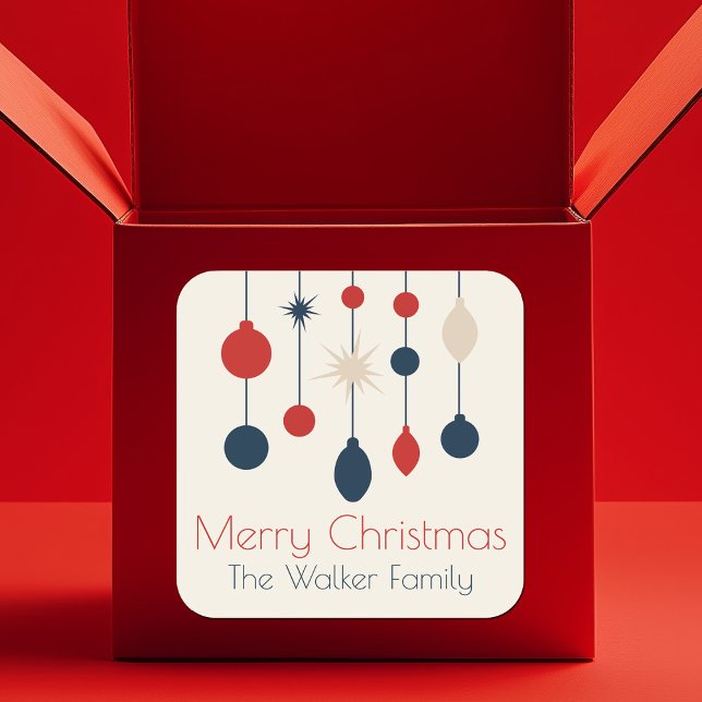 Adesivo Quadrado Festa de Natal de Ornamentos Vermelhos Retro (Criador carregado)