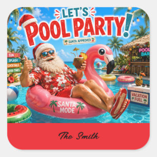 Adesivo Quadrado Festa de Natal em Julho na Piscina com Papai Noel