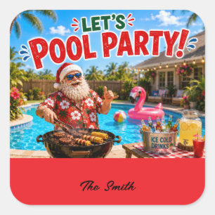 Adesivo Quadrado Festa de Natal em Julho na Piscina com Papai Noel