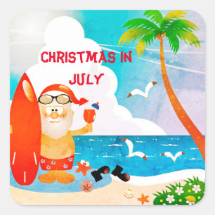 Adesivo Quadrado Festa de Natal em Julho no Verão Papai Noel