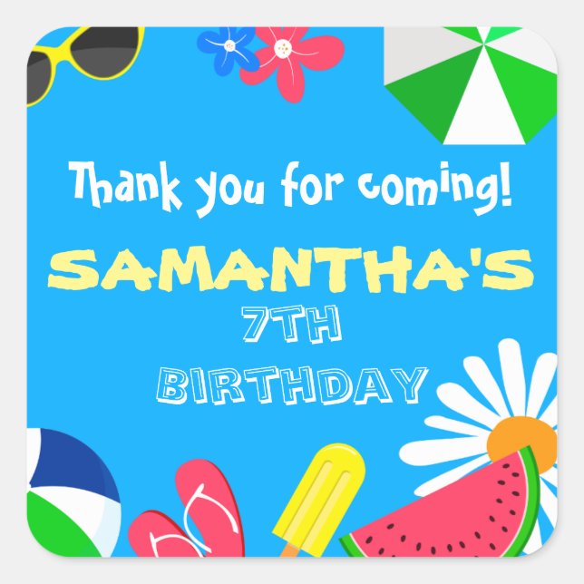 Adesivo Quadrado Festa de piscina Aniversário de Verão (Frente)