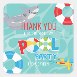 Adesivo Quadrado Festa de piscina de menino de aniversário tubarão 