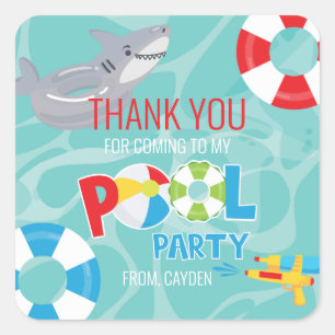 Adesivo Quadrado Festa de piscina de menino de aniversário tubarão 