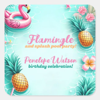 Adesivo Quadrado Festa de Piscina de Verão de Flamingo e Abacaxi