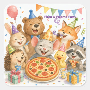 Adesivo Quadrado Festa de Pizza e Pijama Animais Fofos
