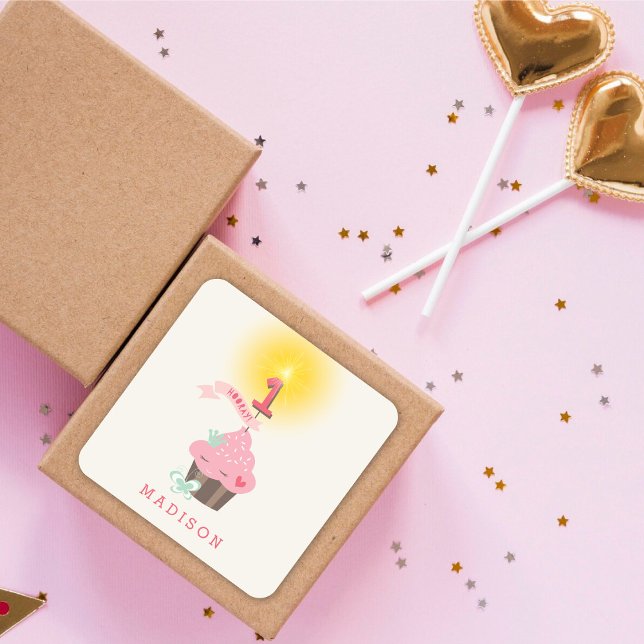 Adesivo Quadrado Festa de primeiro aniversario da Menina Rosa Cupca (Little Miss Pink Cupcake Girl's 1st Birthday Party Favor Square Sticker / Envelope Seal @ fat_fa_tin)