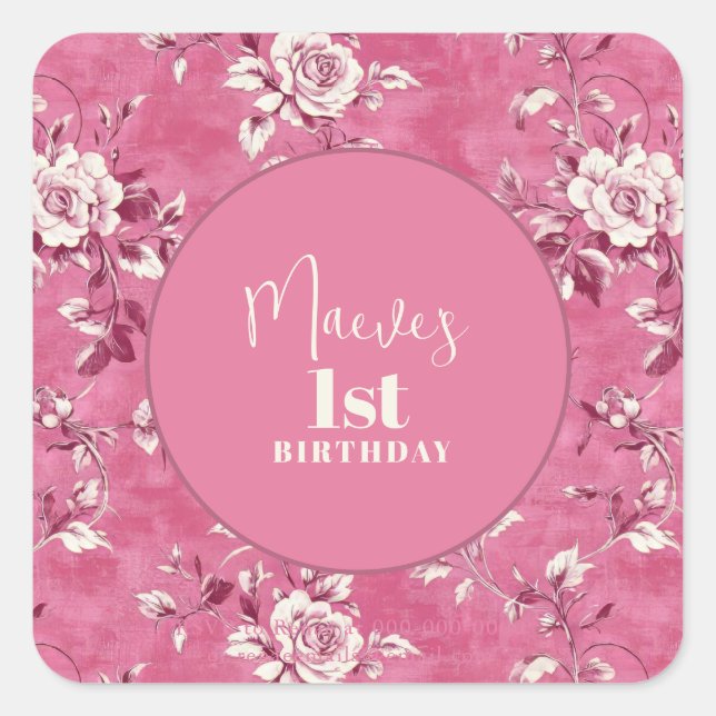 Adesivo Quadrado Festa de primeiro aniversario de Chinoiserie Rosa  (Frente)
