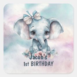 Adesivo Quadrado Festa de primeiro aniversario de Elefante Bonito