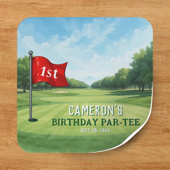 Adesivo Quadrado Festa de primeiro aniversario de Golfe Buraca Em U (Golf 1st Birthday Party Hole In One Square Sticker
)