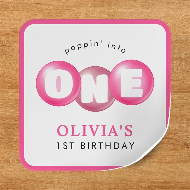 Adesivo Quadrado Festa de primeiro aniversario de Menina Rosa-Rosa  (Bubblegum Pink Poppin Girl 1st Birthday Party Square Sticker
)