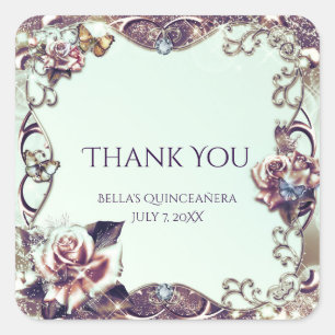 Adesivo Quadrado Festa de Quinceañera de rosas e Borboletas Bronze
