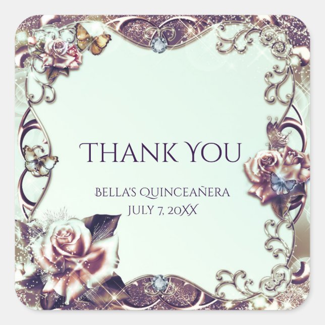 Adesivo Quadrado Festa de Quinceañera de rosas e Borboletas Bronze (Frente)