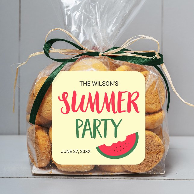 Adesivo Quadrado Festa de Verão de Melancia Verde Vermelha (Criador carregado)