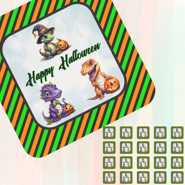 Adesivo Quadrado Festa Dino-Mash do Dinossaur do Halloween (Halloween dino stickers)