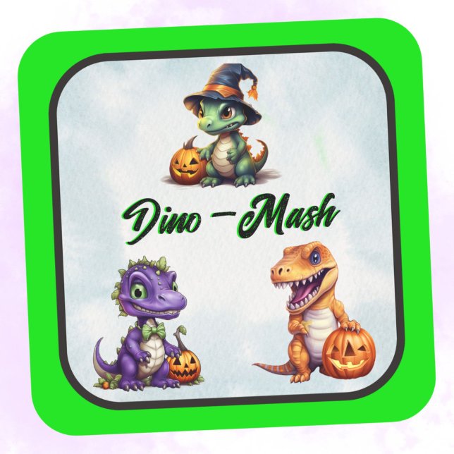 Adesivo Quadrado Festa Dino-Mash do Dinossaur do Halloween (Green trim dino Halloween Sticker)