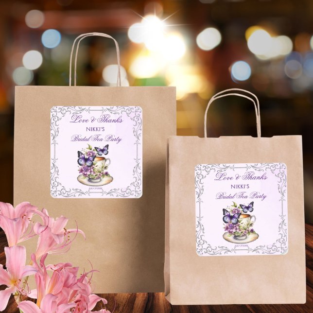 Adesivo Quadrado Festa do chá de noiva vitoriana com borboletas rox (Purple butterflies Victorian bridal tea party bridal shower thank you favor Sticker)