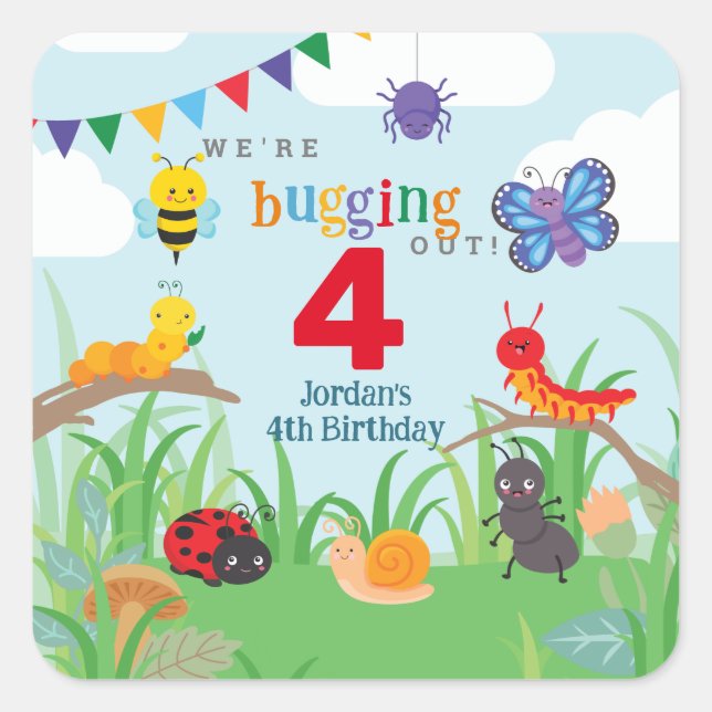 Adesivo Quadrado Festa inseto, Festa de Aniversário, Fofo, Colorida (Frente)